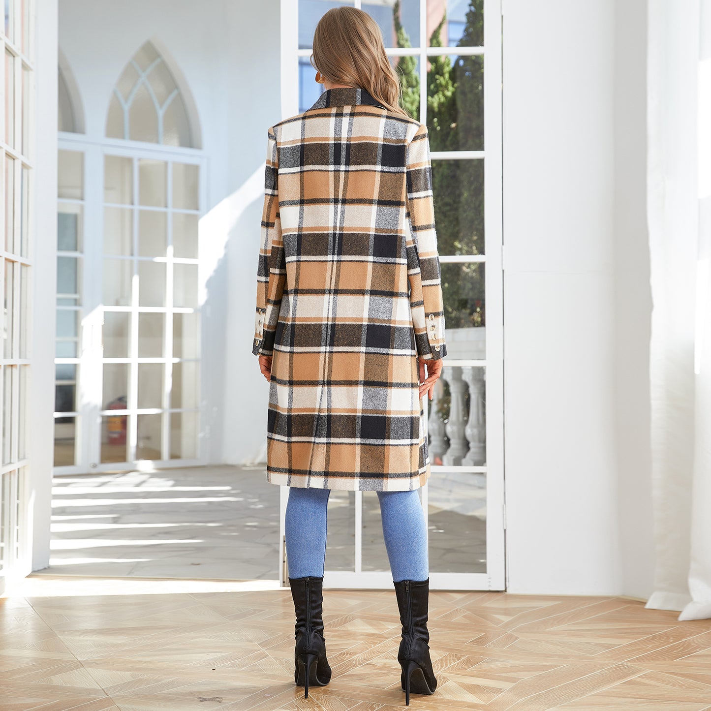 PLAID BELTED LAPEL COLLAR OVERCOAT