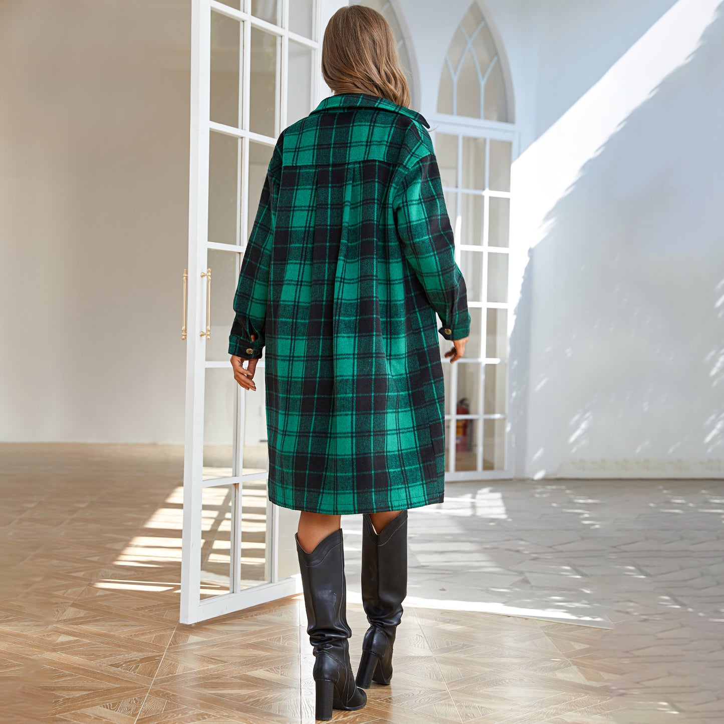 GREEN PLAID BELTED VINTAGE LOOSE COAT